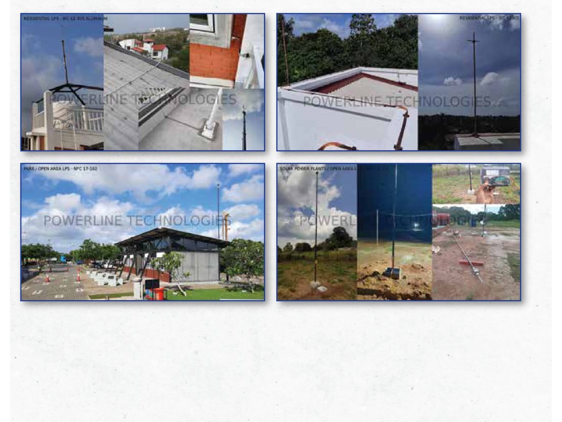 Lightning protection systems installed on residential rooftops, a public park and a solar power plant