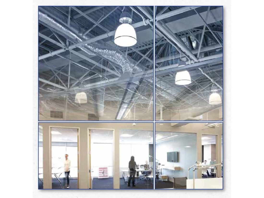 Commercial and industrial lighting installations in a warehouse and an office interior