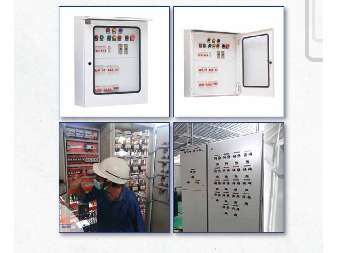 Assembled power distribution and control panels, and a technician wiring a panel on site